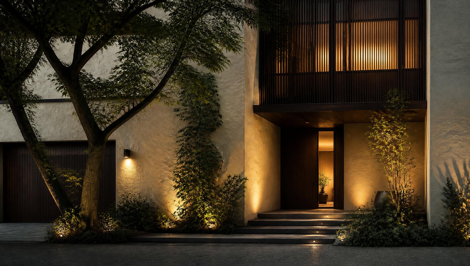 Concrete and stone residential facade with deep shaded terraces