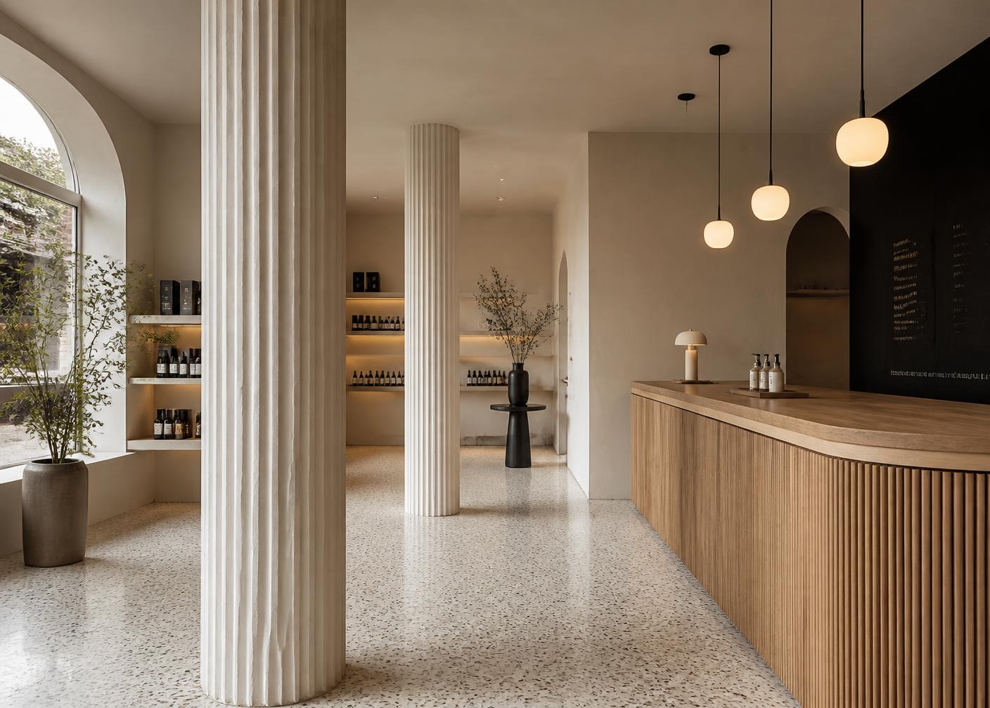 Minimal boutique retail interior with warm display lighting