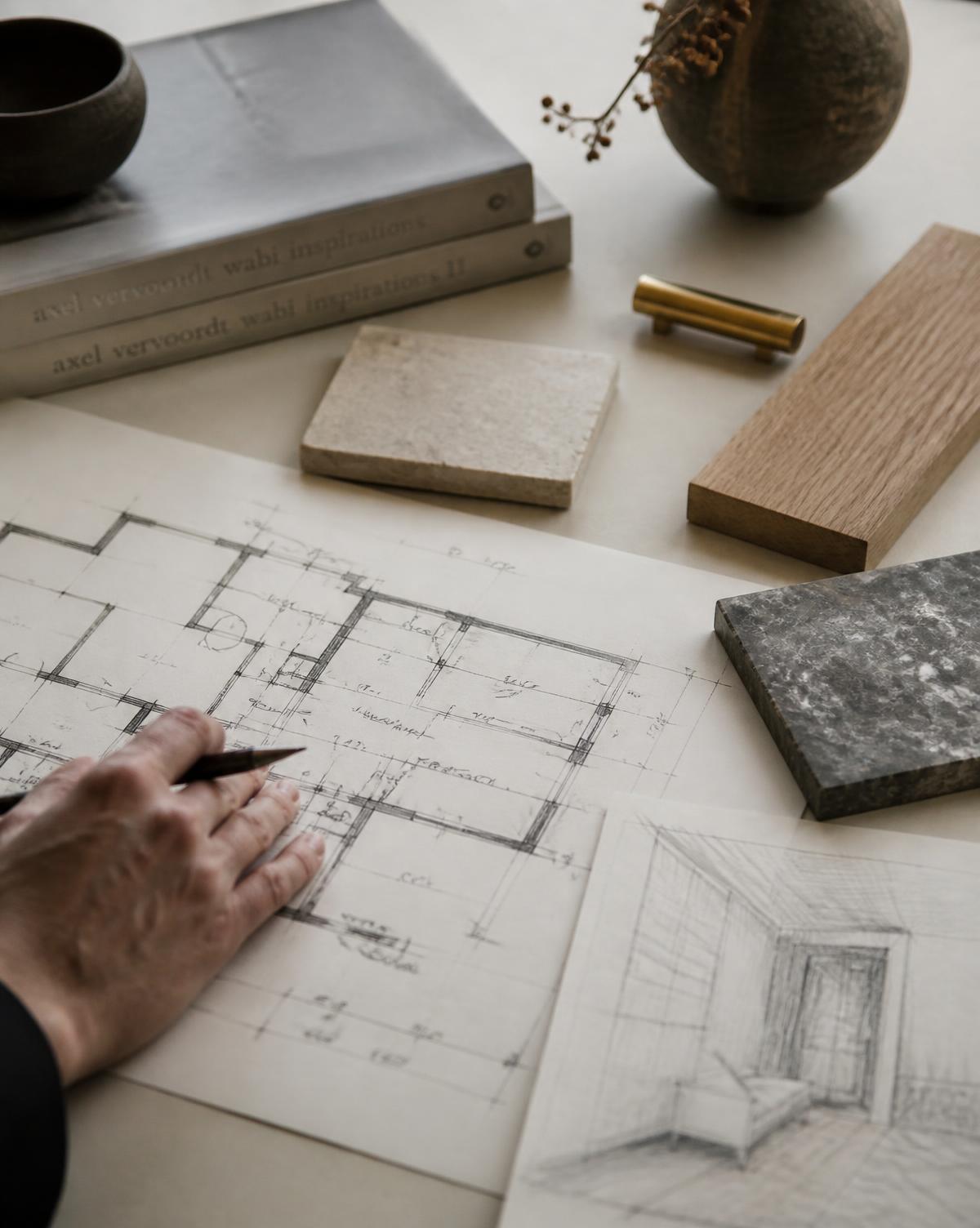 ZB INTERIOR studio desk with material samples and drawings